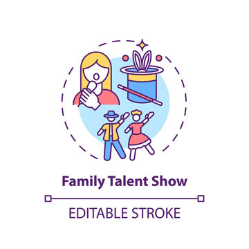Family Talent Show Concept Icon. Family Fun Ideas. Time To Show Skills Of Parents And Kids. Interesting Activity Idea Thin Line Illustration. Vector Isolated Outline RGB Color Drawing. Editable Stroke