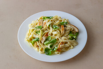 Italian fetuccini alfredo pasta with chicken. National cuisine. Healthy eating.