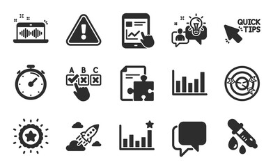 Quick tips, Correct checkbox and Talk bubble icons simple set. Chemistry pipette, Column chart and Internet report signs. Winner star, Targeting and Startup rocket symbols. Flat icons set. Vector