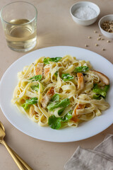 Italian fetuccini alfredo pasta with chicken. National cuisine. Healthy eating.