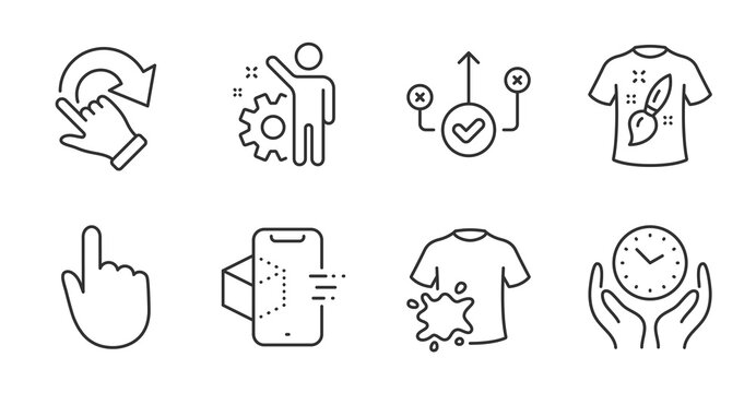Safe time, Hand click and Augmented reality line icons set. Rotation gesture, Correct way and Dirty t-shirt signs. Employee, T-shirt design symbols. Quality line icons. Safe time badge. Vector