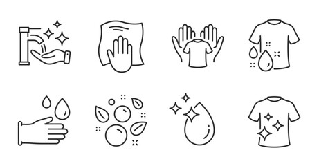 Rubber gloves, Clean t-shirt and Wash t-shirt line icons set. Clean bubbles, Washing cloth and Washing hands signs. Water drop symbol. Hygiene equipment, Laundry shirt, Laundry shampoo. Vector