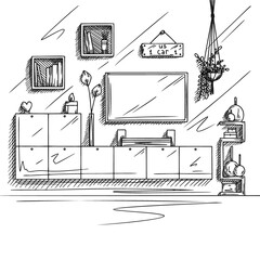 A sketch of a television room. TV furniture, other interior elements. Vector - 419119840