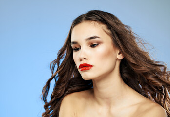 adorable lady with red lips portrait bare shoulders cropped view