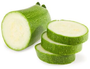 fresh green zucchini or marrow slices isolated on white background. full depth of field. clipping...