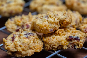 Freshly baked walnut and cranberries cookies. Selective focus.