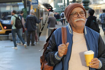 Senior man using a train