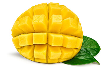 fresh sliced mango with green leaves isolated on white background. exotic fruit. clipping path