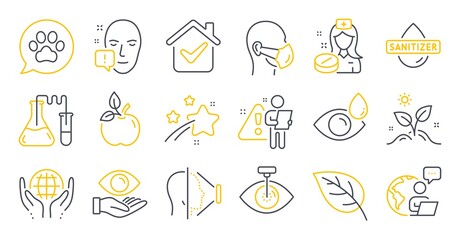 Set of Healthcare icons, such as Medical mask, Health eye, Pets care symbols. Grow plant, Leaf, Eye laser signs. Nurse, Face id, Hand sanitizer. Eco food, Face attention, Chemistry lab. Vector