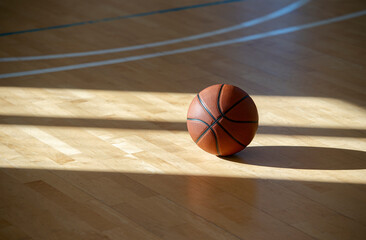 Basketball on hardwood court floor with natural lighting. Workout online concept