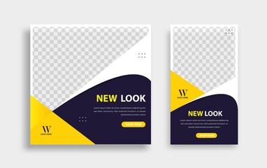Set of Editable minimal square banner template. Black yellow white background color with geometric shapes for social media post, story and web internet ads. Vector illustration