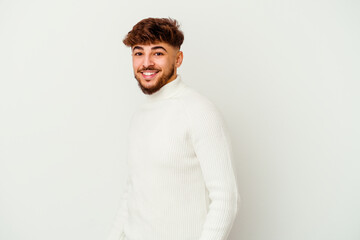 Young Moroccan man isolated on white background confident keeping hands on hips.