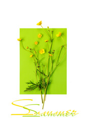 Beautiful delicate postcard with pattern of yellow buttercup flowers for holiday greeting or invitation.