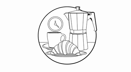 Vector Black and White Isolated Illustration of a Breakfast, with a coffee maker, a cup of coffe and a clock. Morning Breakfast Icon