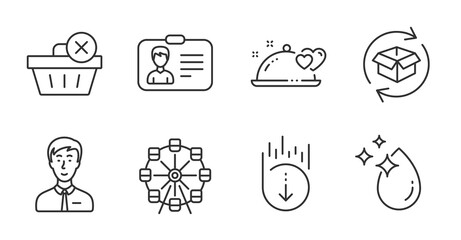 Scroll down, Water drop and Return parcel line icons set. Businessman person, Romantic dinner and Identification card signs. Ferris wheel, Delete purchase symbols. Quality line icons. Vector
