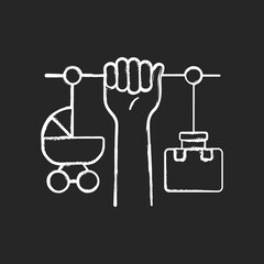Combining motherhood and career chalk white icon on black background. Involvement of the father in raising the child. Distribution of duties. Isolated vector chalkboard illustration
