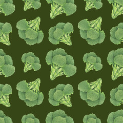 seamless pattern of detailed broccoli on a dark. organic food, farmers market