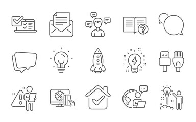 Online shopping, Messenger and Online survey line icons set. Mail correspondence, Energy and Inspiration signs. Help, Creative idea and Speech bubble symbols. Line icons set. Vector