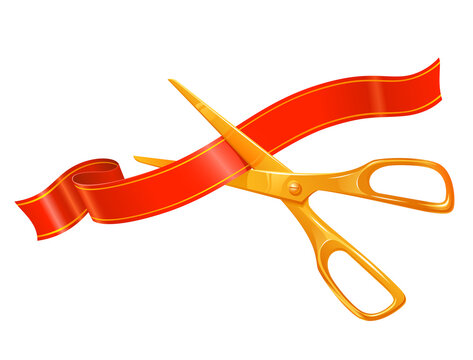 Golden scissors cutting red ribbon