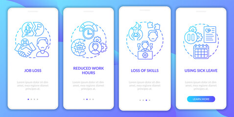 Post covid syndrome and employment onboarding mobile app page screen with concepts. Loss of skills walkthrough 5 steps graphic instructions. UI vector template with RGB color illustrations