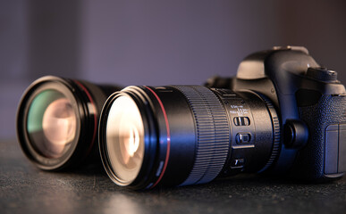 Close up in focus lens on the body of a professional digital camera.