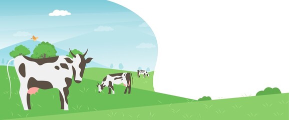 Cows farming on green meadow agricultural business concept.