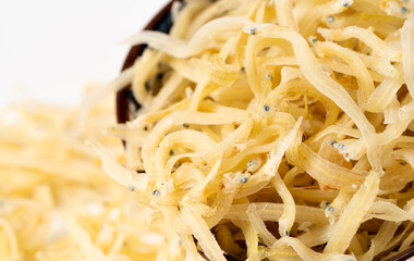 Dried spaghetti fish on pure white background