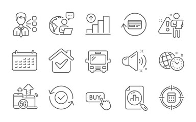 Security confirmed, Calculator target and Buy button line icons set. Loud sound, Calendar and Time management signs. Analytics graph, Bus and 5g internet symbols. Line icons set. Vector