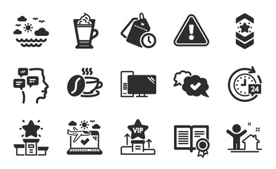 Winner podium, Computer and Time management icons simple set. Latte coffee, Travel sea and 24h delivery signs. Shoulder strap, New house and Approved symbols. Flat icons set. Vector