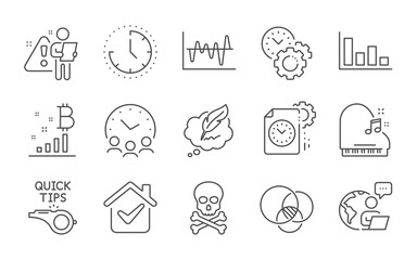 Euler diagram, Piano and Stock analysis line icons set. Time, Time management and Histogram signs. Chemical hazard, Bitcoin graph and Copyright chat symbols. Tutorials, Project deadline. Vector