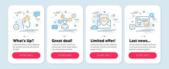 Set of Business icons, such as Conversation messages, Love letter, Brand ambassador symbols. Mobile screen app banners. Web report line icons. Communication, Valentine mail, Megaphone. Vector