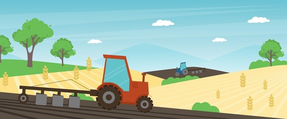 Obraz na płótnie Canvas Agriculture farm banner. Tractor cultivating field at spring vector illustration.