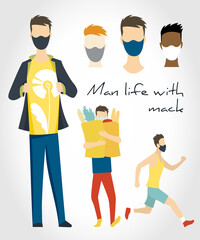 Lifestyle man with mask in casual, sports and shopping clothes in different body poses. Set of avatars of redhead and dark-skinned boy. Flat vector concept for virus prevention COVID-19