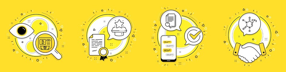 Bitcoin atm, Winner podium and Search file line icons set. Licence, cell phone and deal vector icons. Chemical formula sign. Cryptocurrency change, First place, Find document. Chemistry. Vector