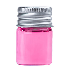 Bouteille de pharmacie en verre avec liquide rose isolé sur fond blanc.