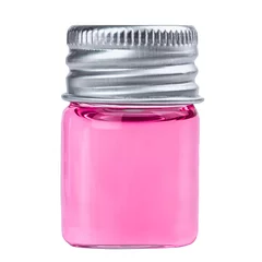 Rideaux tamisants Doux monstres Bouteille de pharmacie en verre avec liquide rose isolé sur fond blanc.