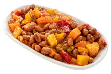 Kidney bean appetizer isolated on a white background. Healthy vegan food. Local name barbunya plaki