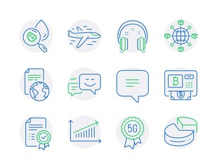 Technology icons set. Included icon as Airplane, Translation service, Chart signs. 5g technology, Text message, Certificate symbols. Logistics network, Water analysis, Bitcoin atm. Vector