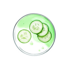 Sliced cucumbers with essence on petri dish over white background