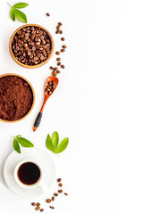 Black coffee espresso with coffee beans, top view