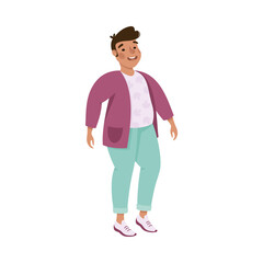 Plus Size Brunette Man Standing and Waving Hand Vector Illustration