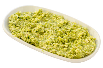 Cheese and pistachio paste appetizer (mezze) isolated on a white background. Healthy vegan food. Local name grit ezmesi