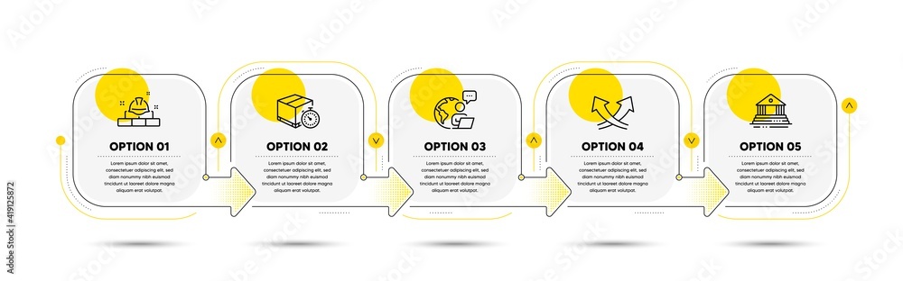 Aufkleber delivery timer, court building and intersection arrows line icons set. timeline process flowchart. c