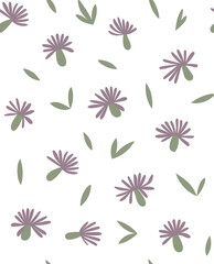 Floral vector seamless pattern with meadow purple wild flowers. Hand drawn illustration isolated on white background. For wrapping, fabric, wallpaper.