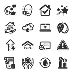 Obraz premium Set of Science icons, such as Report statistics, Cold-pressed oil, Stay home symbols. Swipe up, Settings blueprint, Energy growing signs. Rainy weather, Website education, Mineral oil. Vector