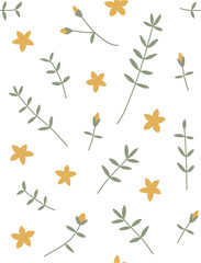 Floral vector seamless pattern with meadow yellow wild flowers. Hand drawn illustration isolated on white background. For wrapping, fabric, wallpaper.