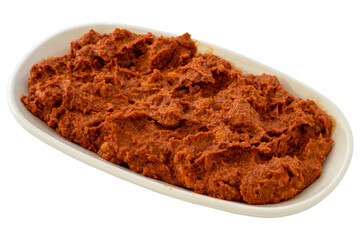 muhammara appetizer (mezze) isolated on a white background. Healthy vegan food. Local name muhammara