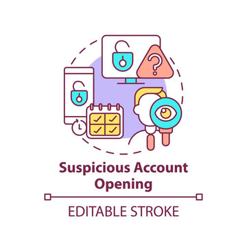 Suspicious Account Opening Concept Icon.Theft And Scammers Idea Thin Line Illustration. Unprotected Transactions In Cash. Vector Isolated Outline RGB Color Drawing. Editable Stroke