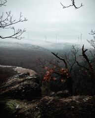 Blick in ein malerisches Tal im Herbst, Windkraftanlagen am Horizont