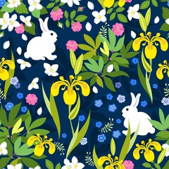 White rabbits in a blooming garden, among bright summer flowers. Colorful bright seamless pattern on blue background.